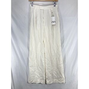 ZARA 68% LINEN BLEND Wide Leg Beige, OFF WHITE, SIZE Medium NEW